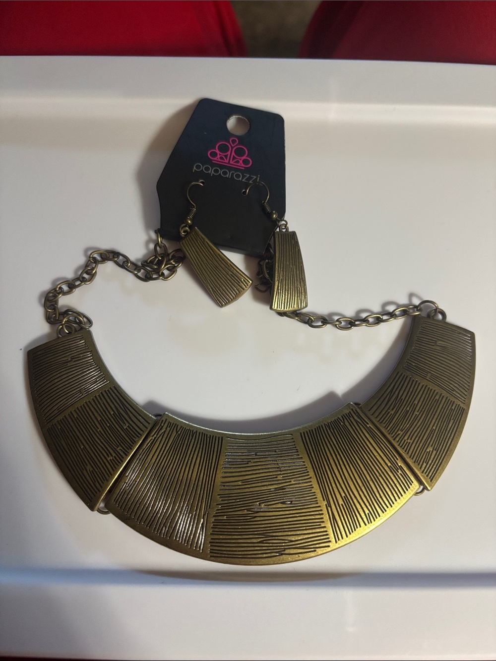 paparazzi Antique Gold Textured Panel Necklace with Matching Earrings